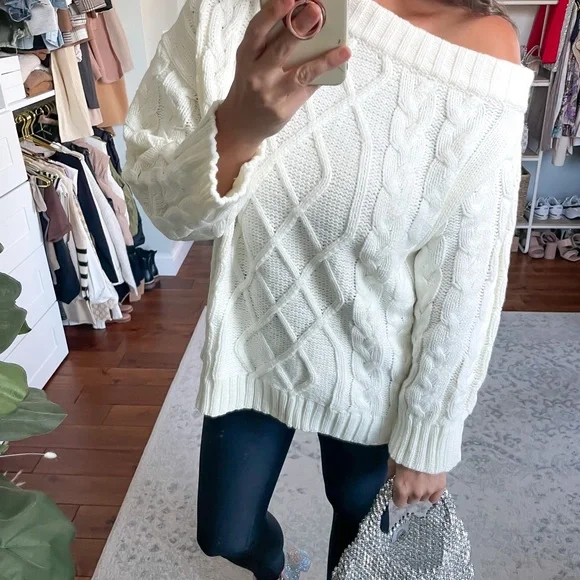 Cozy Off-Shoulder White Sweater - Picture 2 of 2